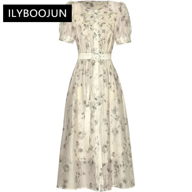 

ILYBOOJUN Summer Fashion Women's Dress Short-Sleeved Single-Breasted Lace-UP Ink Wash Print Commuter High Waiste Midi Dresses