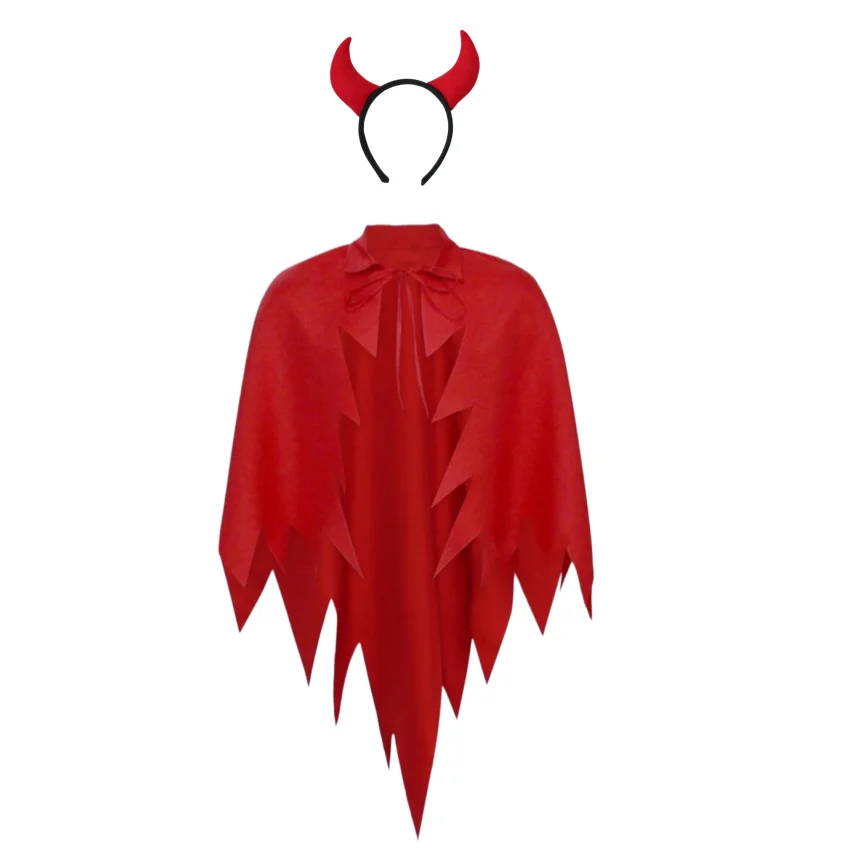 Halloween Red Devil Cape with Horn Headband Boy's and Girl's Halloween Clothing Costume Cloak for Children and Adults