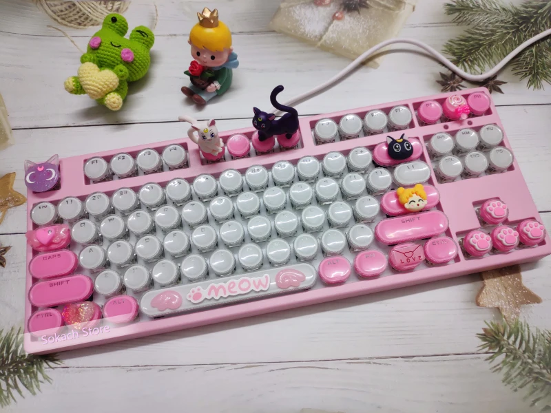 Sailor Moon hand-made dot keyboard 87 keys Cartoon cat white backlight wired Mechanical keyboard