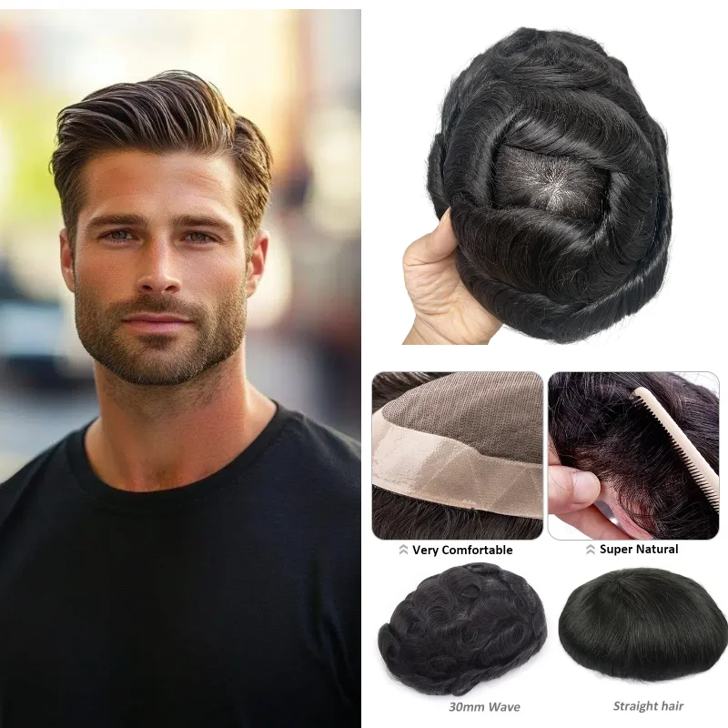 

Мужской парик-накладка из полиуретана с перекрестным дизайном | Мужской парик из натуральных волос Mono Base & Lace+PU, хит продаж