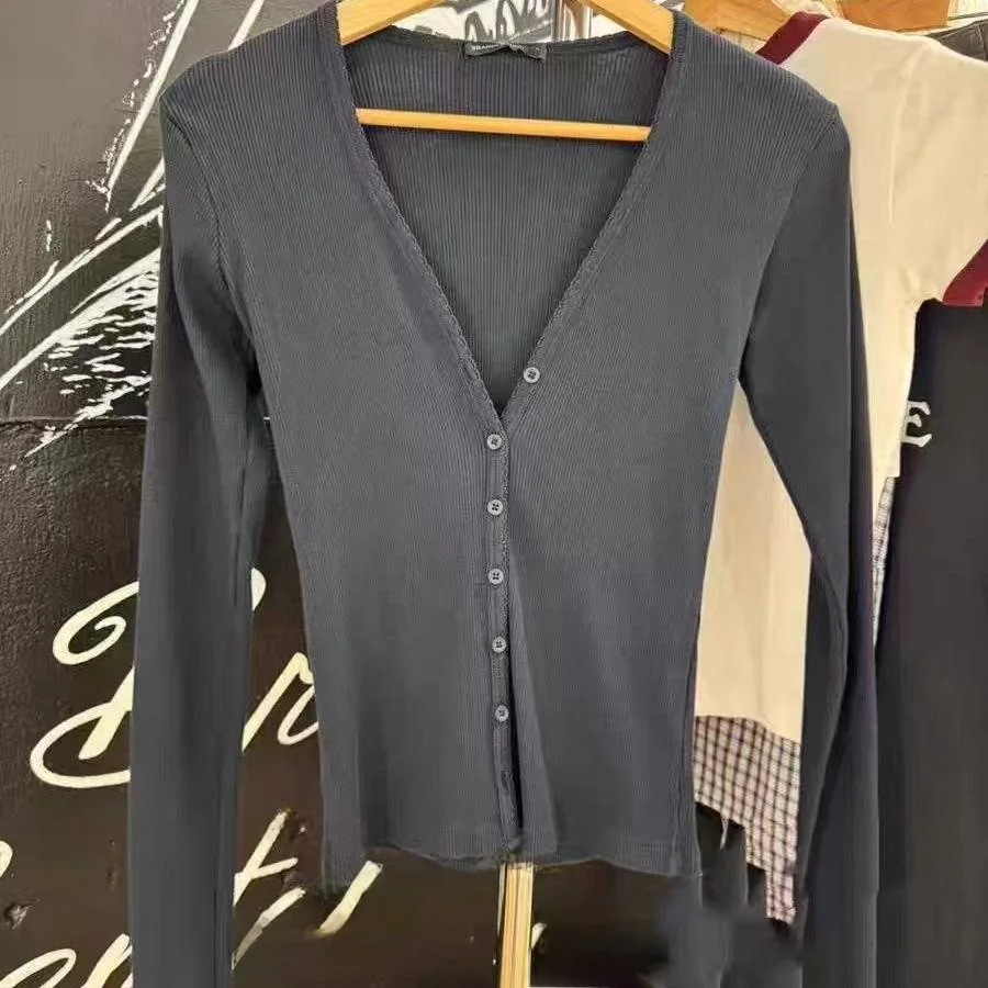 

Укороченная куртка Slim Fit Brandy BM с американской вертикальной полоской, длинными рукавами, из чистого хлопка, с V-образным вырезом, в милом стиле, модный женский топ