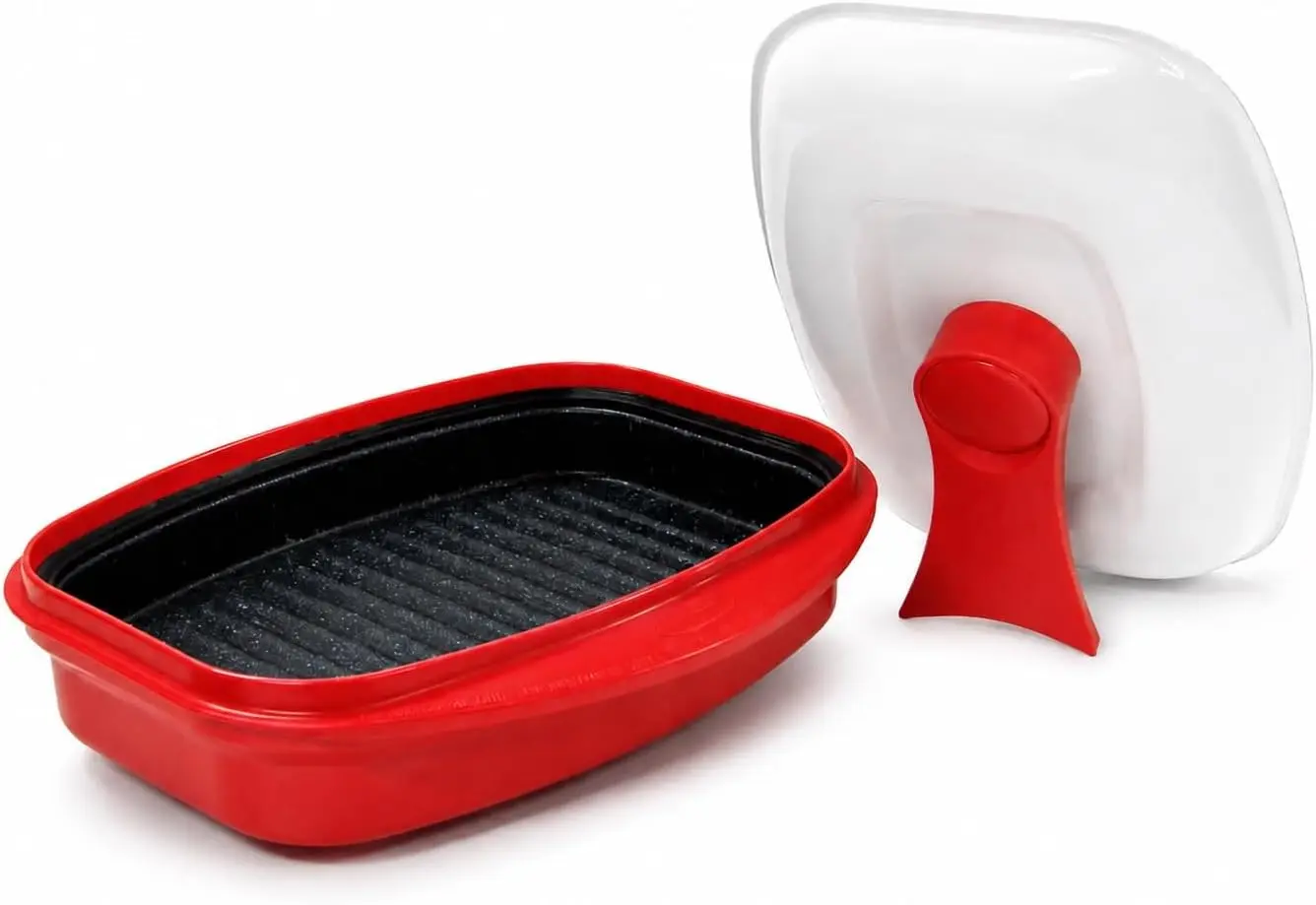 Microwave Grill Pan with Lid, Red – For Grilling, Browning, and Crisping Vegetables, Sandwiches, and Meat
