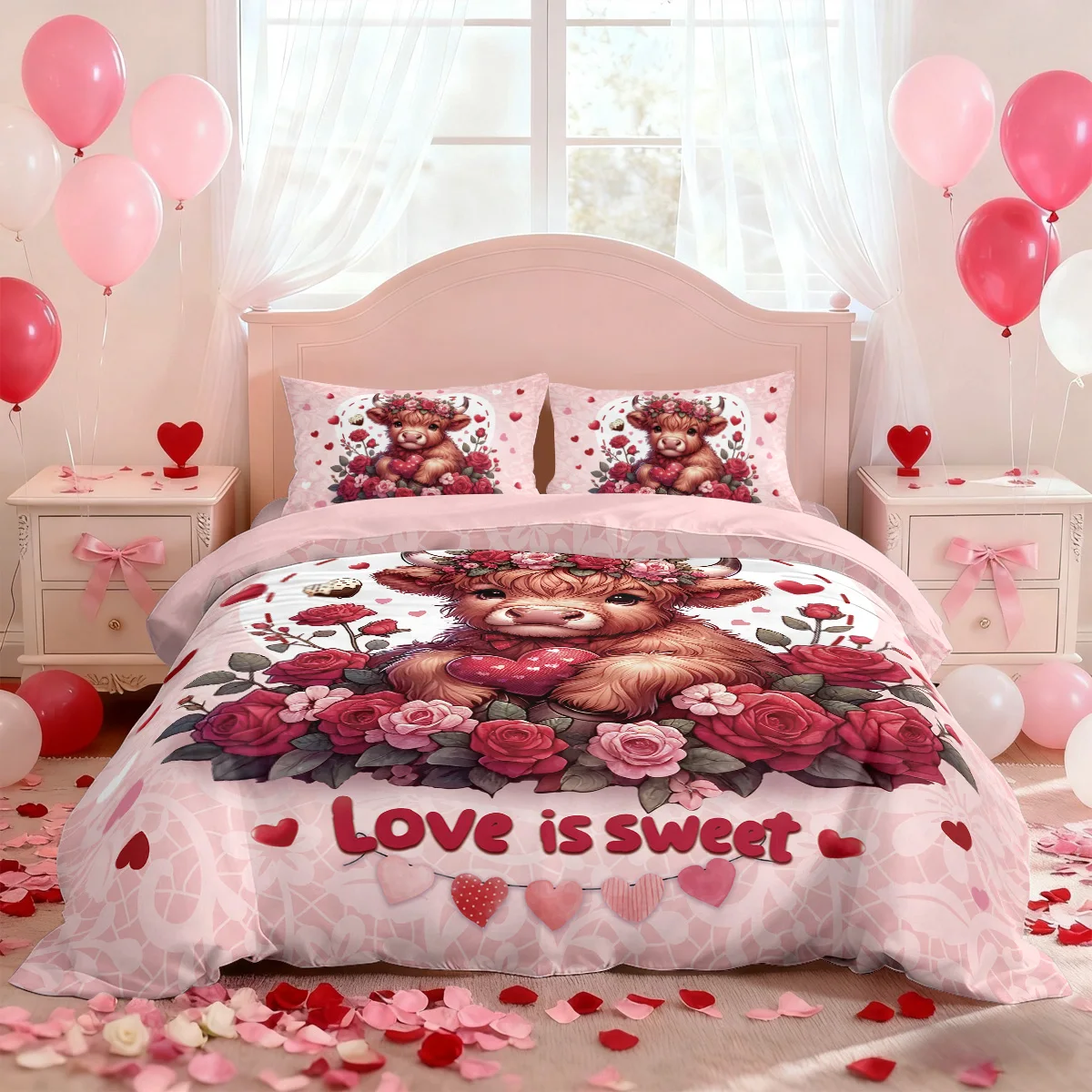 3pcs Valentine's Day Pink Highland Cow Print Coreless Bedding Set Multiple Sizes Bedrooms Bedding Decoration Machine Washable