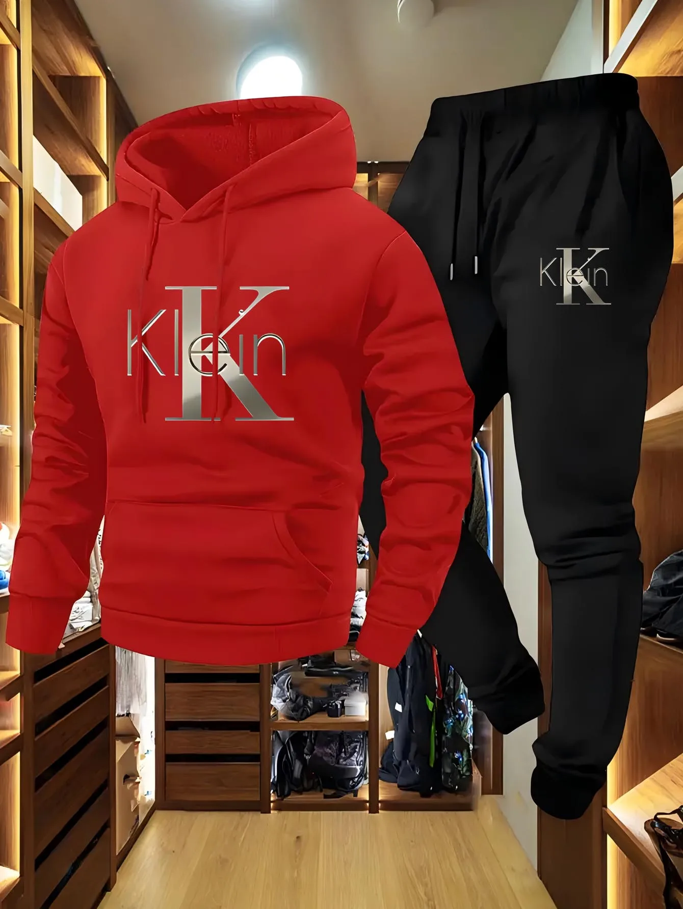 Completo casual da uomo in due pezzi con motivi autunnali e invernali, felpa con cappuccio, pantaloni lunghi con tasche, tuta sportiva da esterno