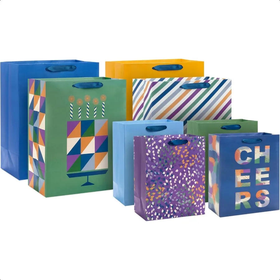 

Solid Gift Bag Assortment 8 Bags: 4 Medium 9" 4 Large 13" Blue Green Orange Cheers Stripes