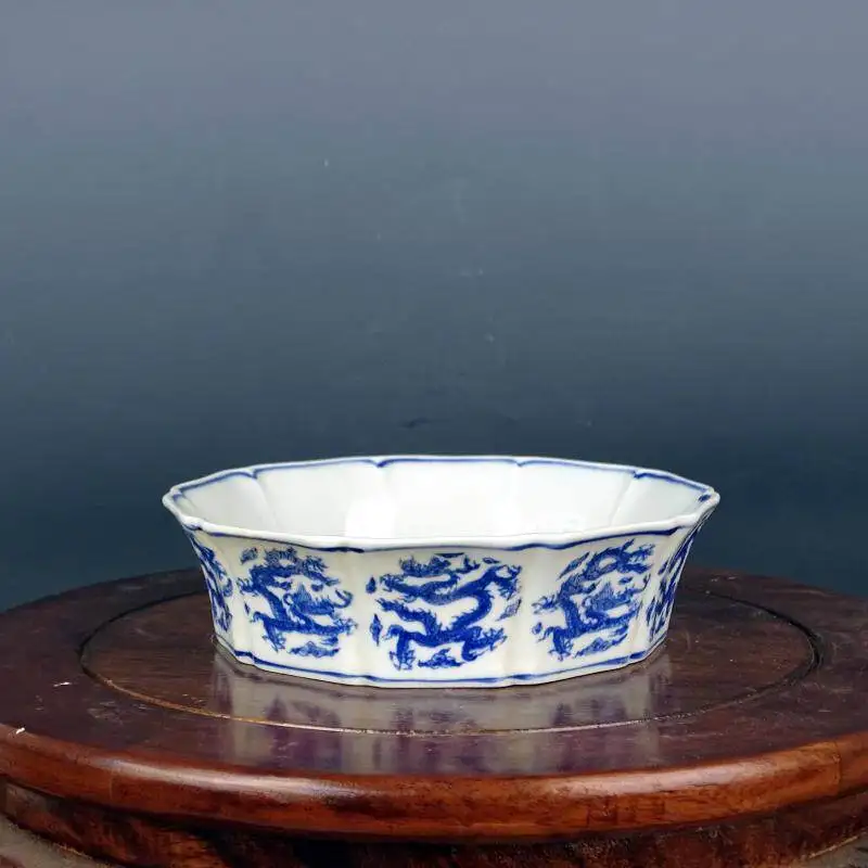 Chinese Vintage Blue White Porcelain Horseshoe Plate Nine Dragon Pattern Handmade Old Porcelain Collectible Display