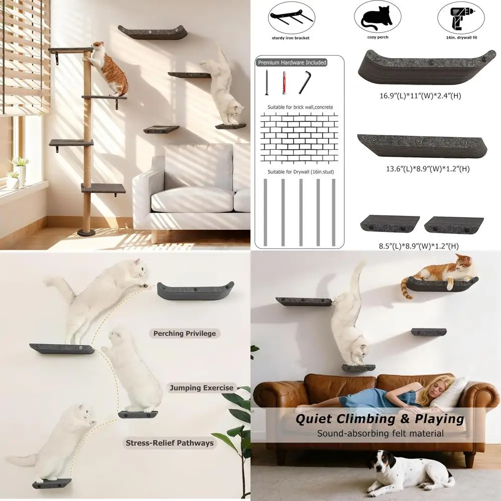 

Modern Indoor Cat Wall Climbing System with Scratcher Beds, Set of 4 in Grey