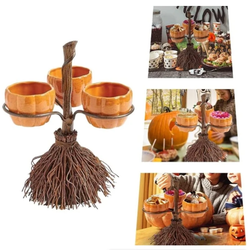 Halloween Snack Bowl Stand Creative Candy Holder Pumpkin Bowls on Broom for Serving Snacks Salad  Party Accessories Decorations