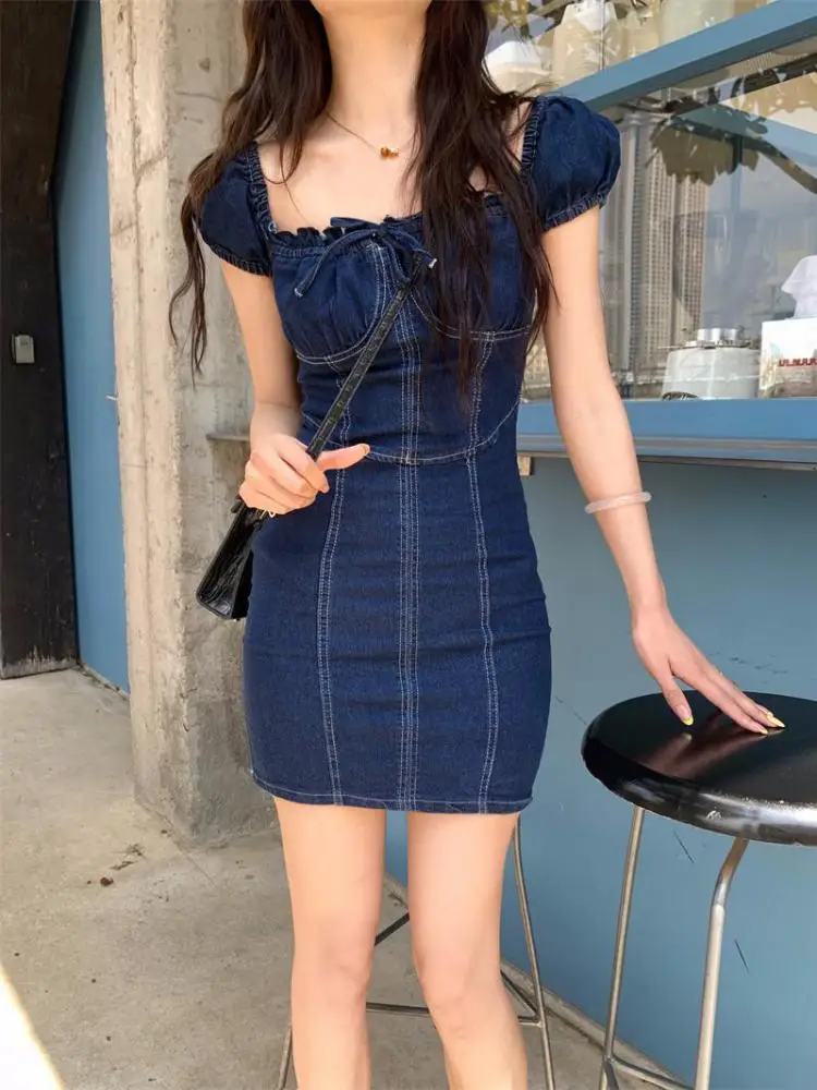 

Vintage Women's Blue Denim Square Neck Short Sleeved Sexy Slim Mini Dress Summer Vacation Lace-up Short Dress Fashion Simplicity