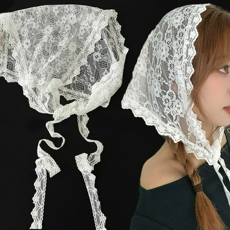 

Lace Up Floral Triangle Headscarf Women Summer Hairband Fashion Mesh Flower Hair Wrap Lightweight Breathable Head Cover Headband