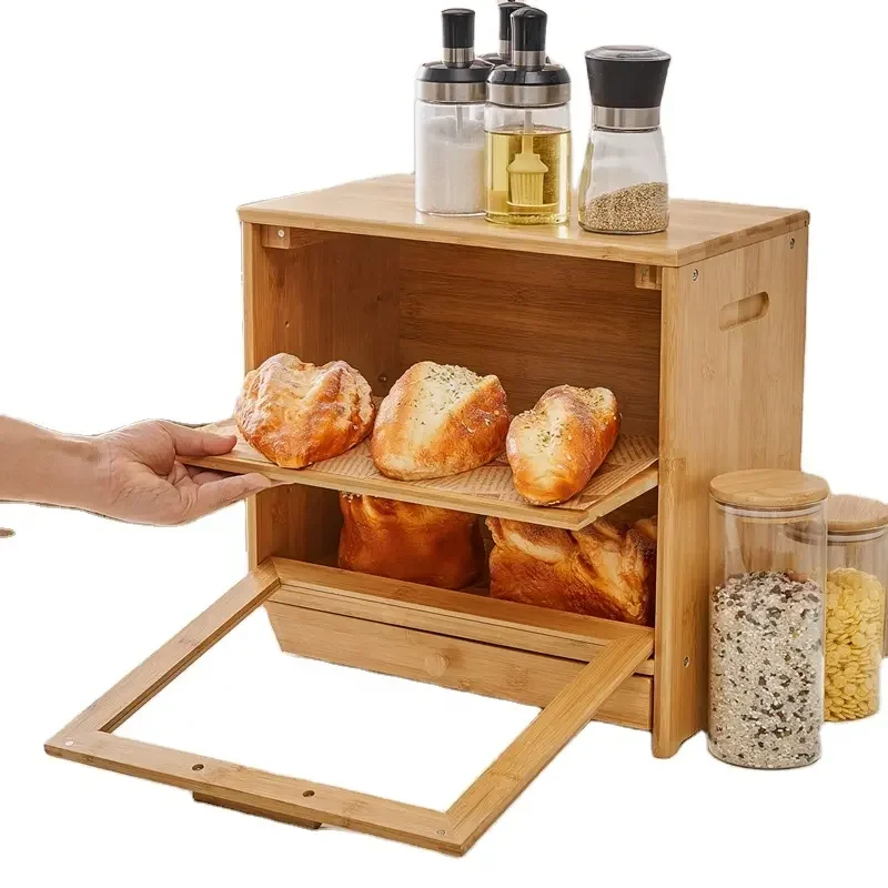 

Bamboo Bread Box 2-Tier Wooden Bread Bin with Foldable Lid for Kitchen Countertop Storage