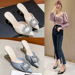 Women's Luxury Slippers Summer Pointed Toe Shallow Nude Diamond Shoes Low Heel Sandals Party Women's Slingback Shoes