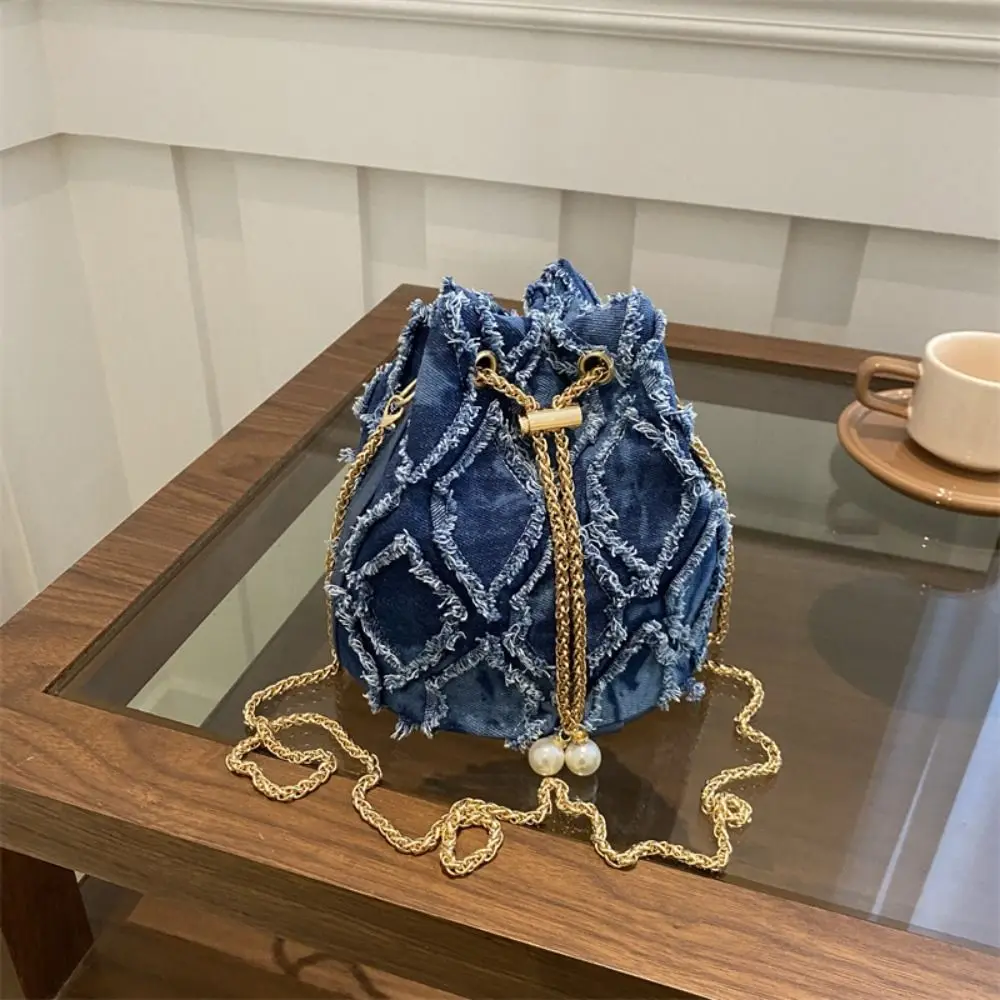 

Portable Pearl Denim Bucket Bag Chain Small Purse Tassel Denim Crossbody Bag Korean Style Handbag Cloth Shoulder Bag Party