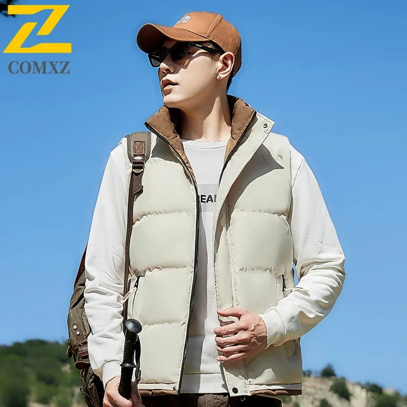 

COMXZ New Cotton Vest Fashion Stand Collar Men Winter Thickened Warm Vests Plus Size Sleeveless Sports Cold Proof Two Zip Gilet