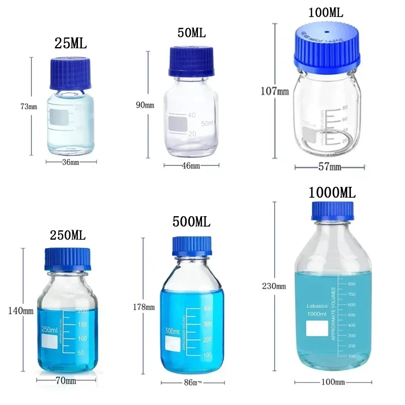 25-50ml Amber Clear Blue Lid Reagent Vial Portable Travel Glass Storage Container And Scale Measurement Laboratory Sample Bottle