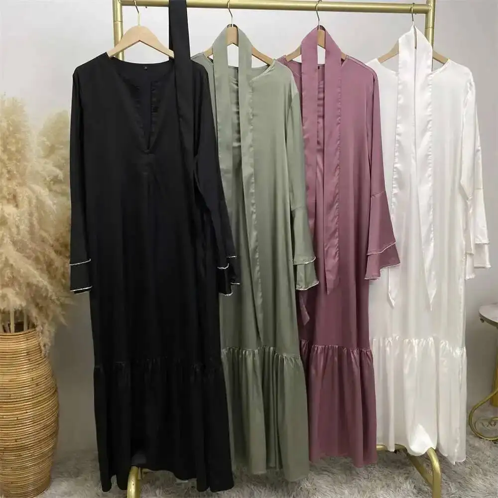 

Sleeve Fashion Women's Petal Patchwork Muslim Satin Dress 6789 Muslim Long Dress Robe Abaya Ramadan Dubai Luxury Islam Elegant