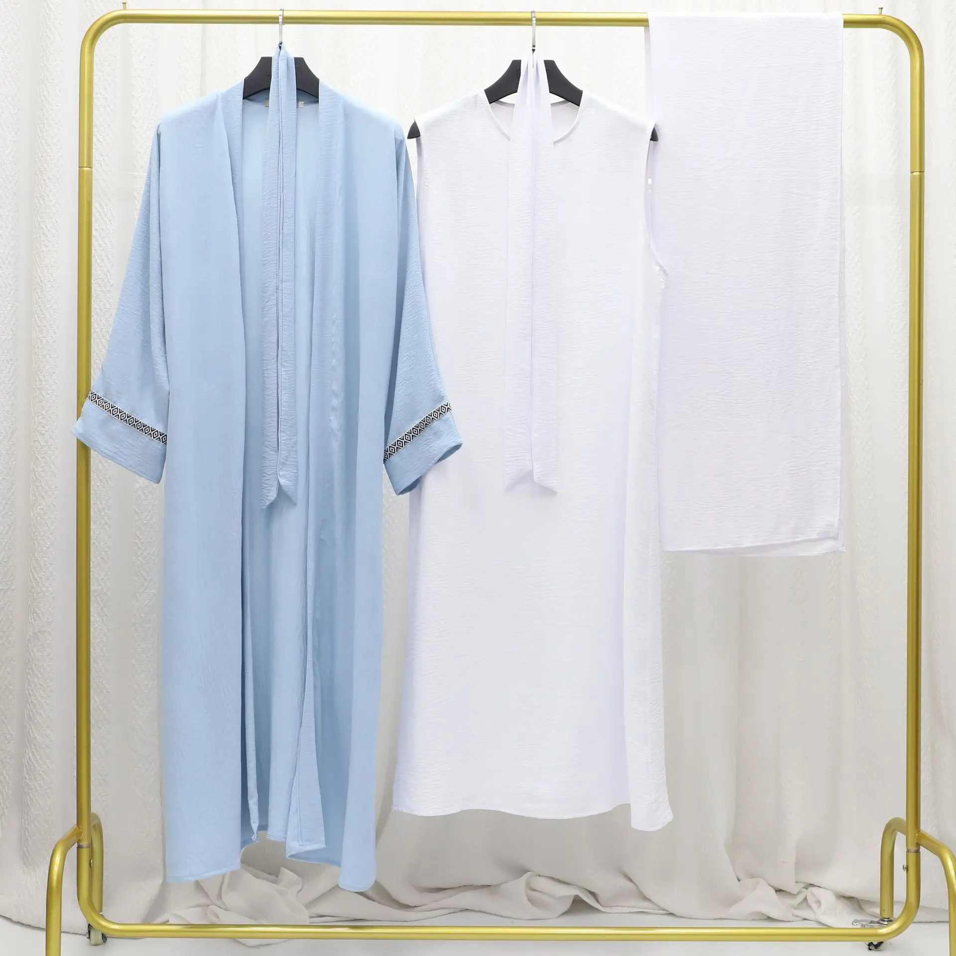 

2025 Muslim Set 3-Pieces Women Open Abaya Kimono Hijab Inner Dress Set Turkey Dubai Kaftan Eid Party Caftan Arab Robe Islamic