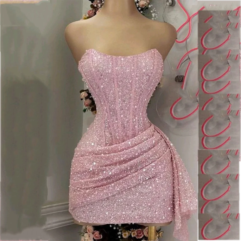 

Розовое мини-платье для выпускного вечера с блестками, элегантное плиссированное платье без бретелек длиной выше колена, романтическое коктейльное платье для особых случаев по индивидуальному заказу