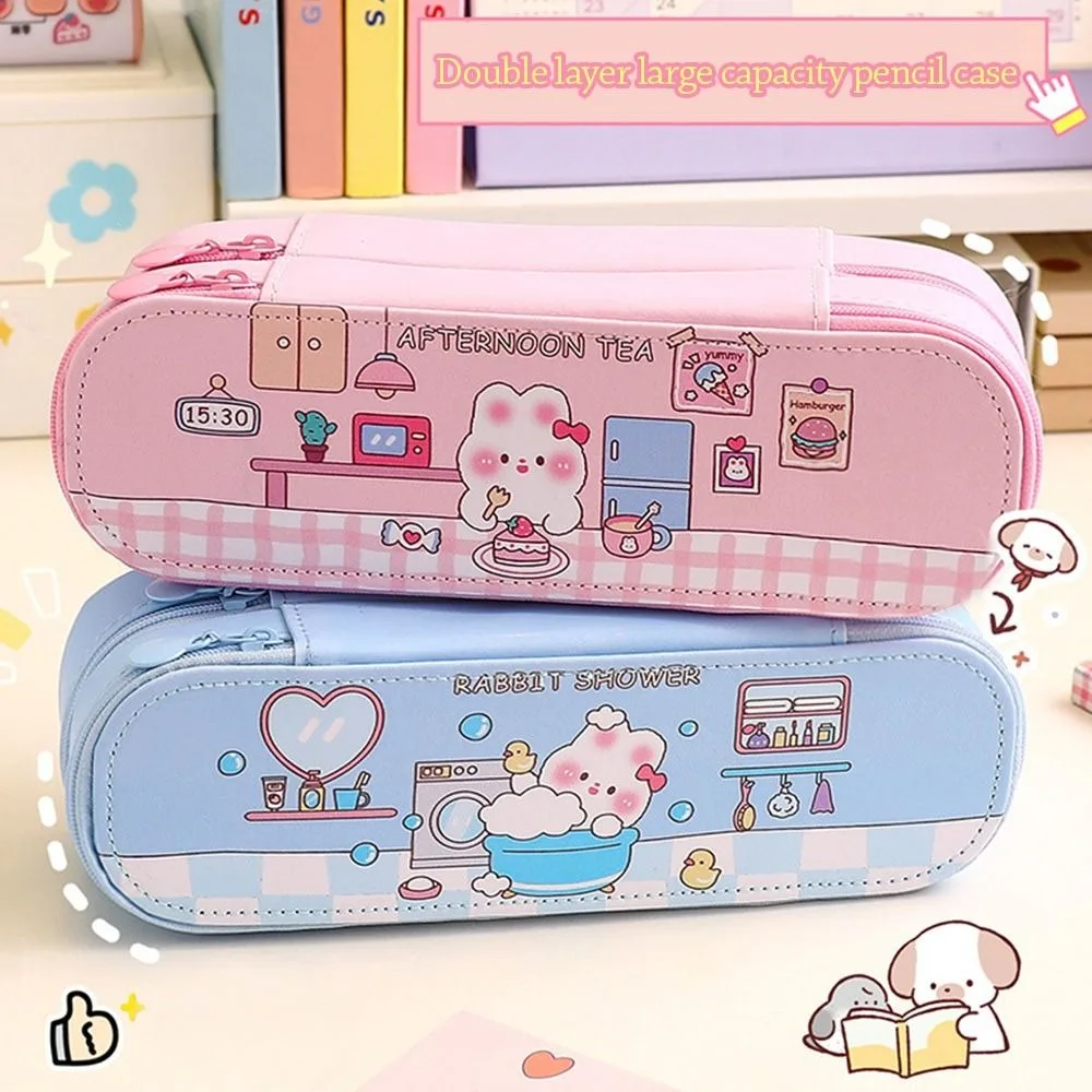 Estuche para lápices de doble capa Ins, bolsa para bolígrafos impermeable con diseño de dibujos animados, bolsa de papelería portátil de gran capacidad, suministros para estudiantes