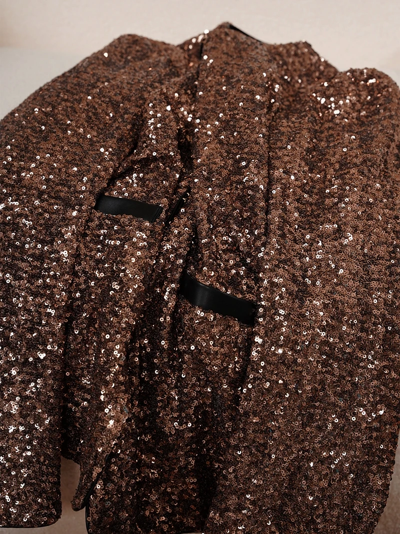 Retro ouro lantejoulas emenda couro do plutônio redondo ne casaco superior para as mulheres temporada de outono trabalho pesado sentido ele sle ort outerwear