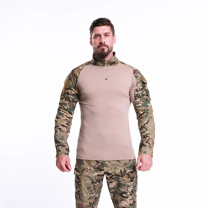 Men's Long Sleeve Combat Shirt 1/4 Zipper Ripstop Cotton Tactical Shirts Navy Blue Camoufalge Airsoft T Shirts