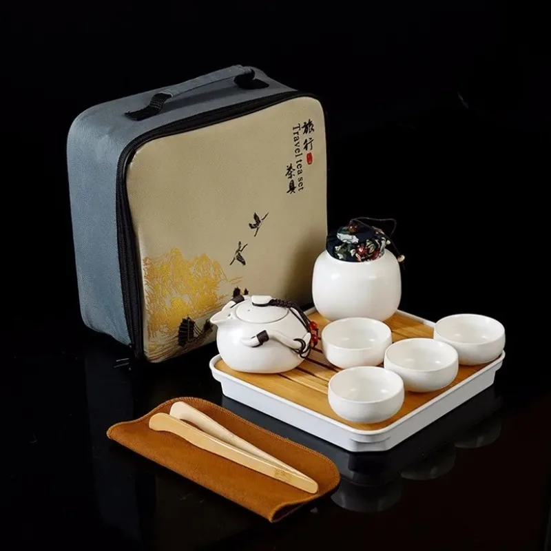 10pcs Kung fu Tea set,Chinese Travel Ceramic Portable Teaset Beautiful and easy teapot kettle,Ceramic Tray Coffee Cup tea can