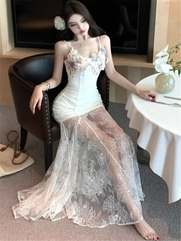 Flower Lace Mesh Patchwork Holiday Long Party Dress New Summer Women Fashion V Neck Sleeveless Seaside Beach Camis Slip Dress