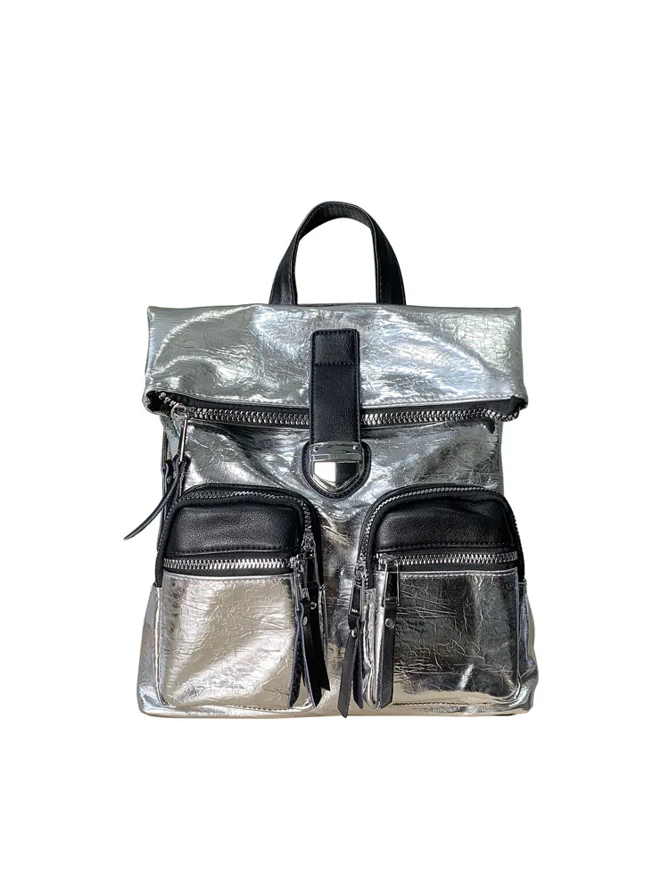 Panelled Colors Women Casual Backpack New Punk Silver Split Leather Designer Student School Bag Female Fashion Travel Backpacks