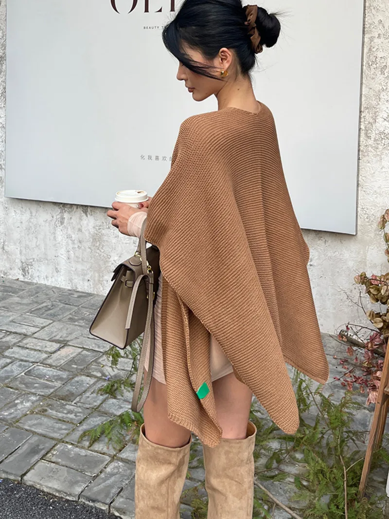 New Draped Shoulders Cloak Knitted Sweater For Women Autumn Winter Elegant Fashion Women Tops Open Stitch 2025 New Korean XVD7