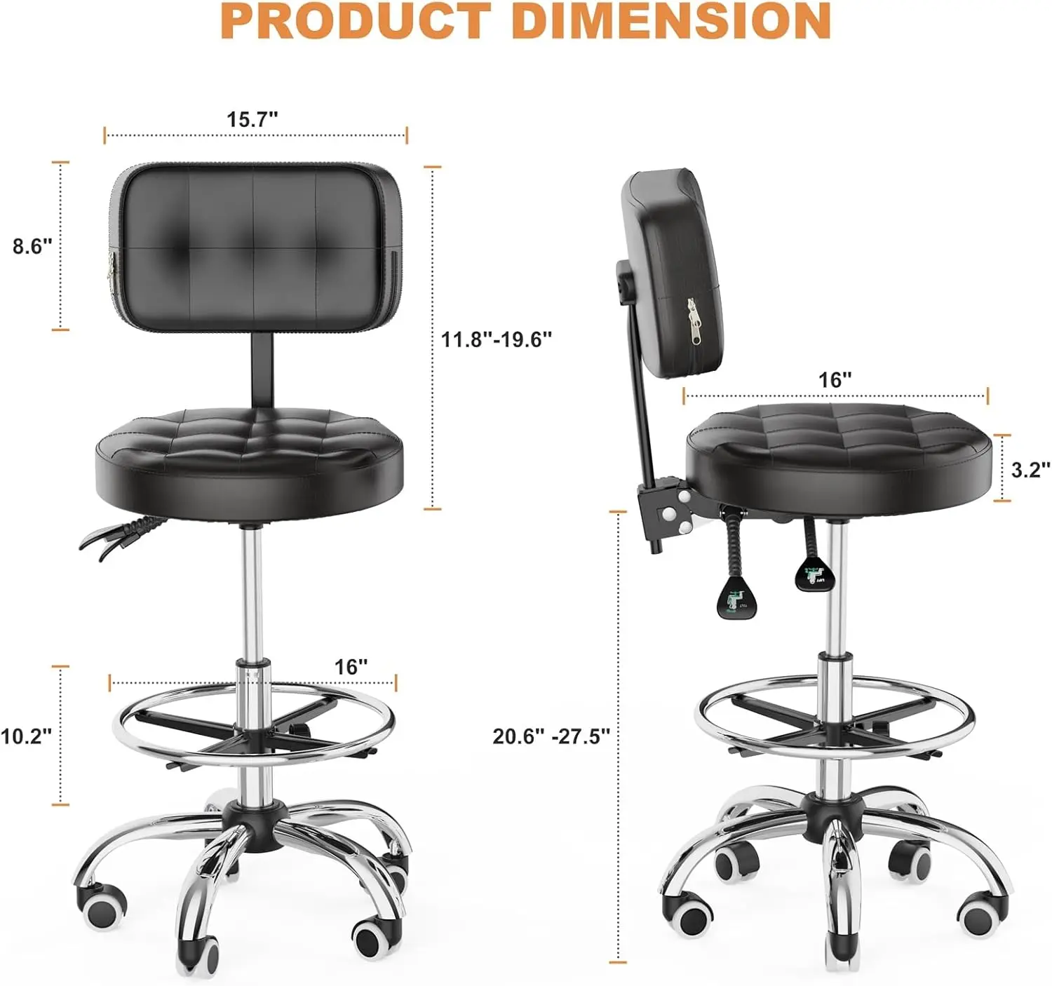 Tabouret à Roulettes avec Piste de Roulement et 250-500 aux Pieds, Dossier Réglable, Recommandé, RapDuty, Capacité de Poids Artériel 400, Salon, Spa