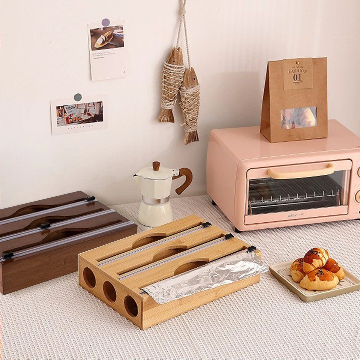 Cling Film Tin Foil Cutter, Kitchen Organizer, Bamboo Bag Cutting Box, Special Convenience, 1Pc