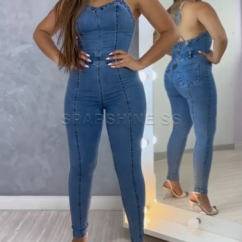 Imagem -02 - Macacão Bodycon Recortado sem Costas Feminino sem Mangas Fino Roupa de Peça Única Jeans Retrô Moda Casual Novo 2023