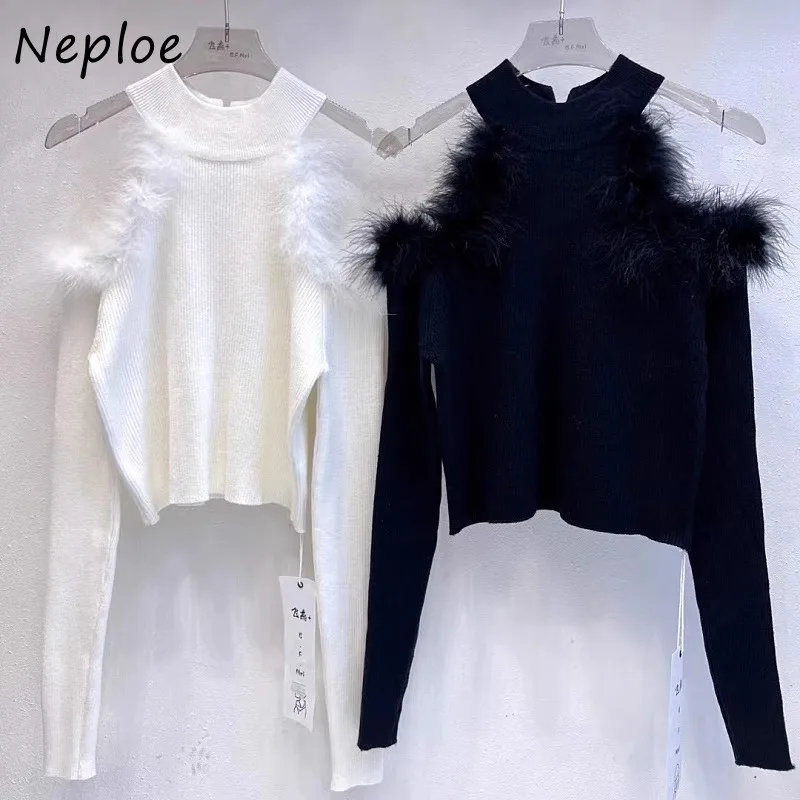 Neploe  Trend New Half-high Collar Pullovers Sexy Off Shoulder Feather Tops Women Y2k Slim Fit Knitted Bottoming Sweaters