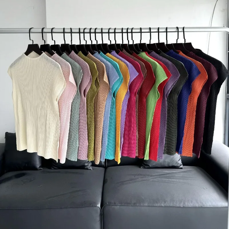  Pleated Classic Solid Color T-Shirt Summer Simple Casual Fashion Sleeveless Vest Women Lightweight Stretchy Top Clothing