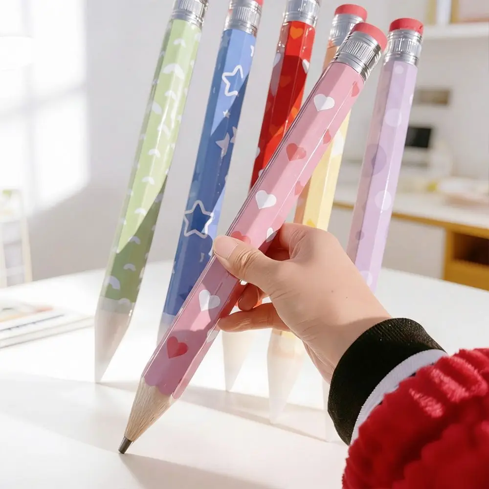 Funny Wooden Big Pencil 34CM Heart Geometric Printed Giant Pencil with Eraser Huge Pencil Performance Prop