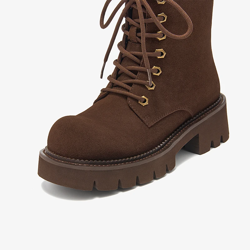 BEAUTODAY żółte botki damskie krowa zamszowe zasznurowane platformy masywne obcasy Outdoor Vintage krótkie botki damskie 04654 — zdjęcie 6