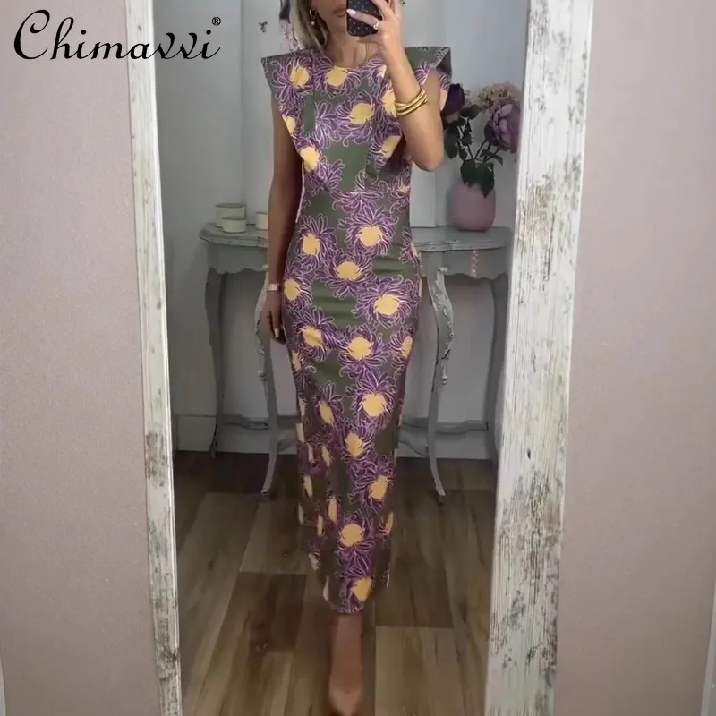 

Temperament Printed Round Neck Slim and Thin Hip-wrapped Slit Dress For Women
