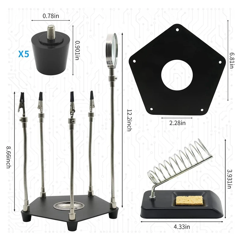 Supporto per PCB per saldatura di terza mano con supporto per saldatore, bracci metallici flessibili con Base in metallo per saldatura