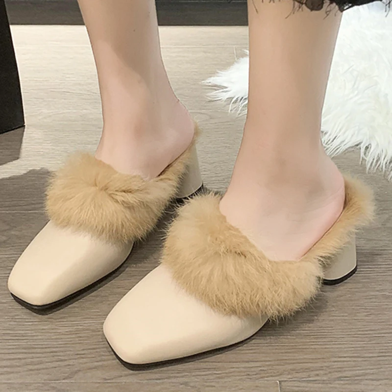 Winter Women Fur Shoes Elegant Fashion Closed Toe Mules 5cm High Heel Height Shoes Lady Sexy Chunky Soft Warm Slippers 35-39