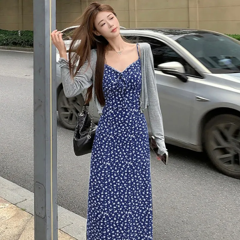 

Floral Print Two-Piece Set Women's Korean Style Dress Elegant Fashion Slimming Strap Dress Cardigan Set Spring Season