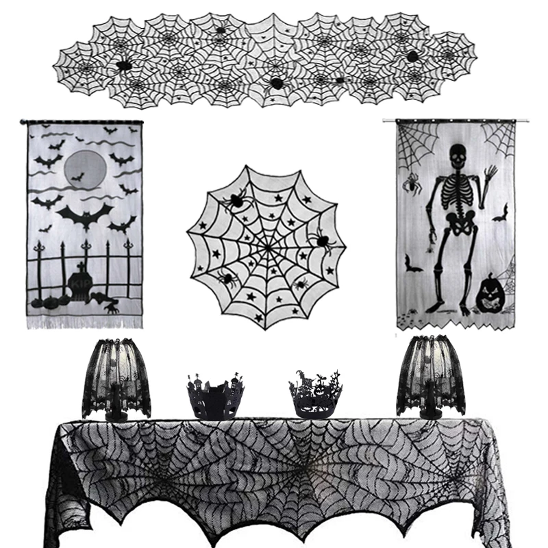 Halloween Decorations Home Lace Spider Web Lace Tablecloths Skull Doors Fireplace Scarves Curtains Horror House Party Decoration