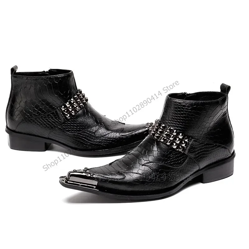 Black Crocodile Print Rivets Decor Ankle Boots Fashion Side Zipper Men Boots Luxury Handmade Party Feast Office Men Dress Shoes