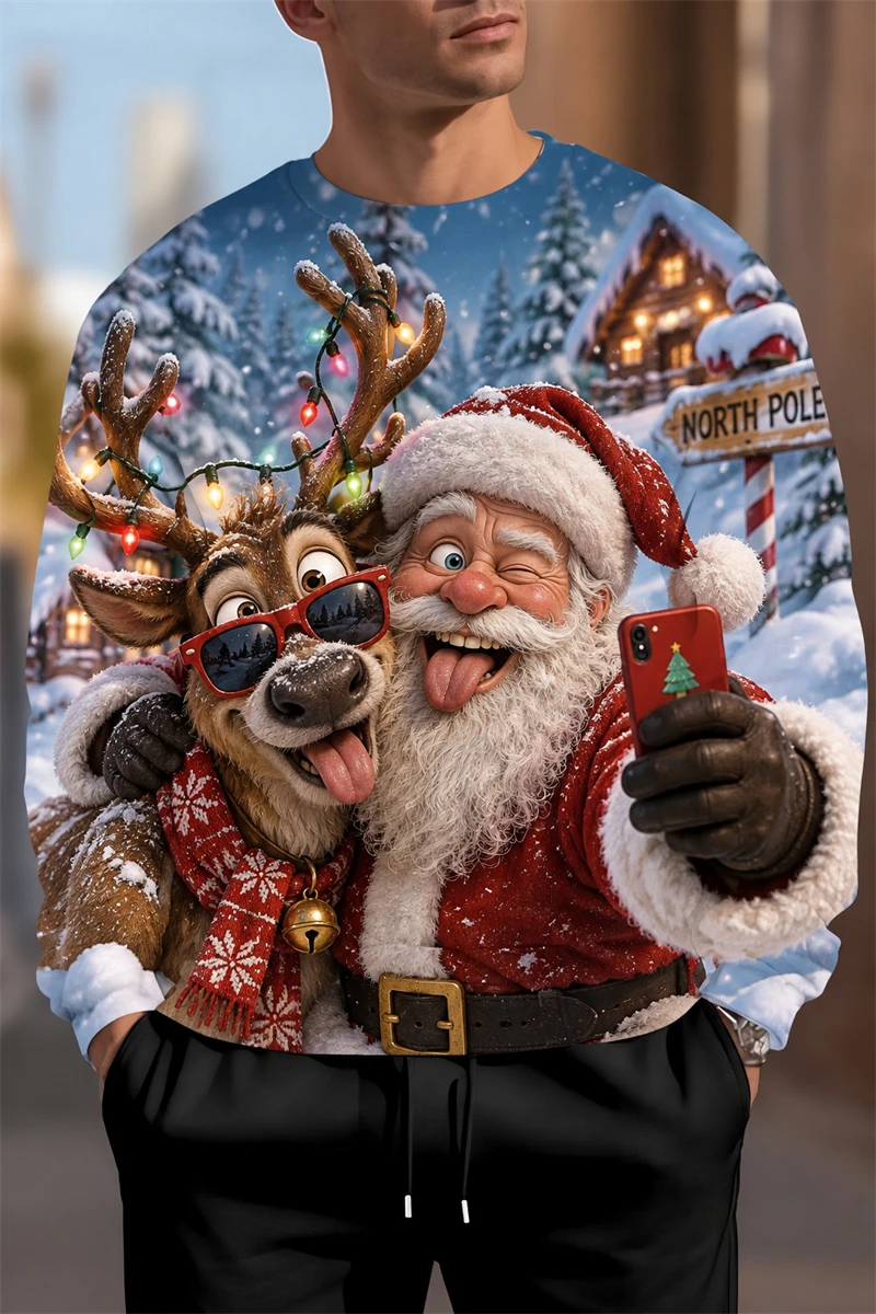 Funny Santa Reindeer Graphic Ugly Christmas Sweatshirt Men 3D Print 2026 New Ugly Sweater Holiday Party Pullover Xmas Gift Men