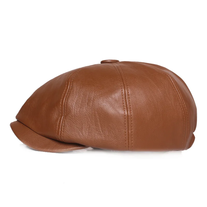British Retro Men Leather Flat Octagonal Hat Spring Autumn Winter Leisure Beret Cap PU Newsboy Cap Brown Red Women Painter Beret