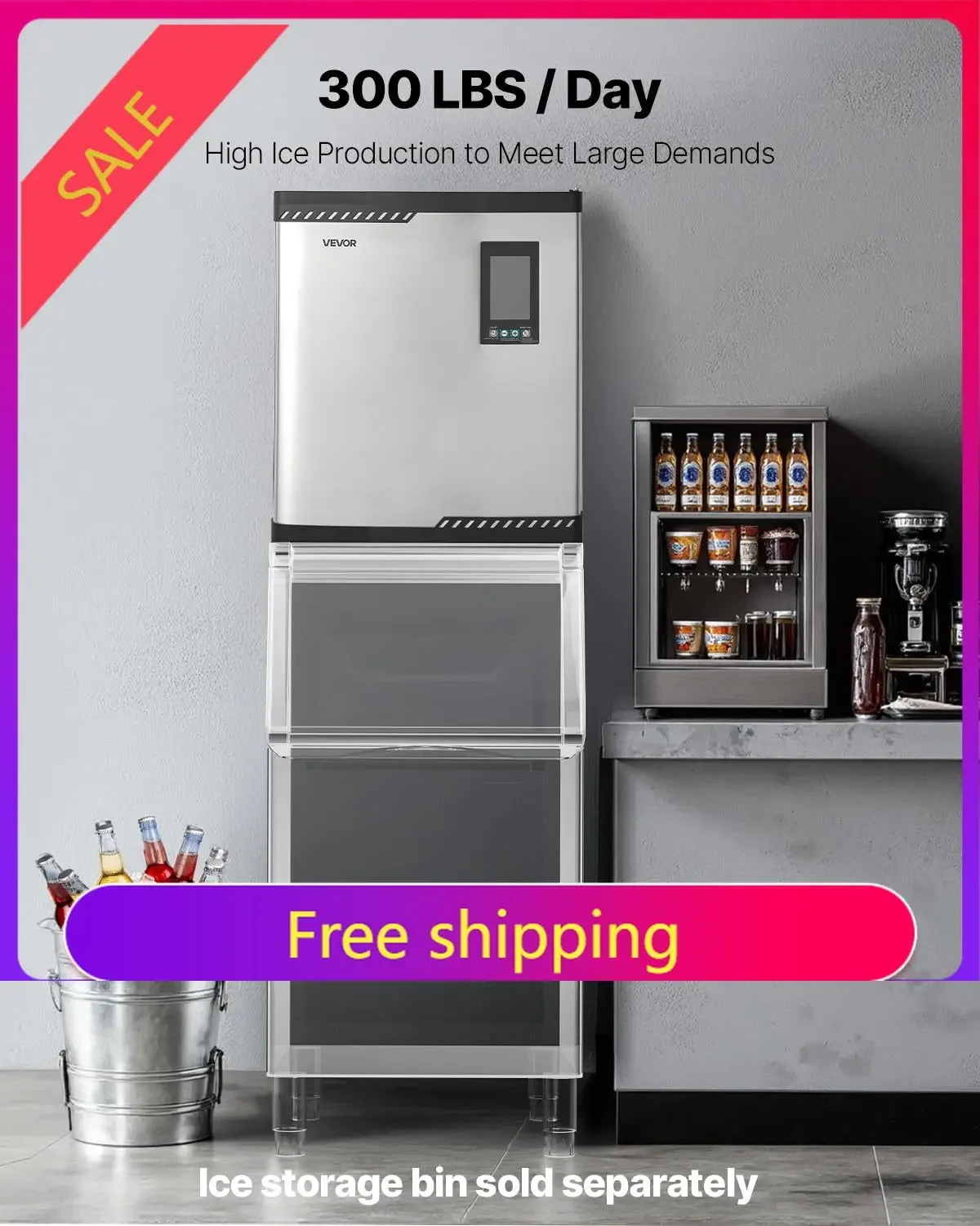 Commercial Ice Maker Machine - Head, 300 Lbs/Day Stainless Steel Ice Machine with Scheduled Ice-Making, Self-Cleaning, Adjustabl