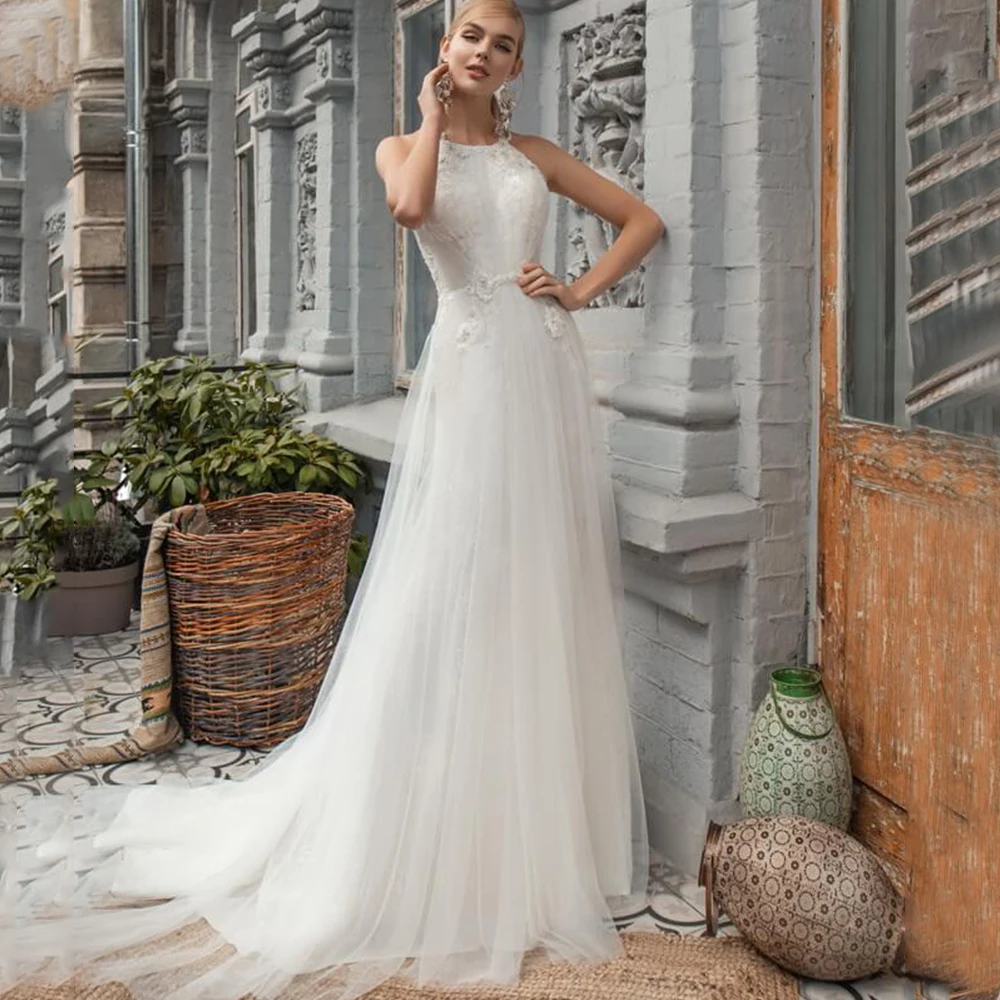 

O-Neck Wedding Dresses for Women Sexy Open Back Appliques Bohemia RomanticTulle Illusion Floor Length A-Line Bride Gowns