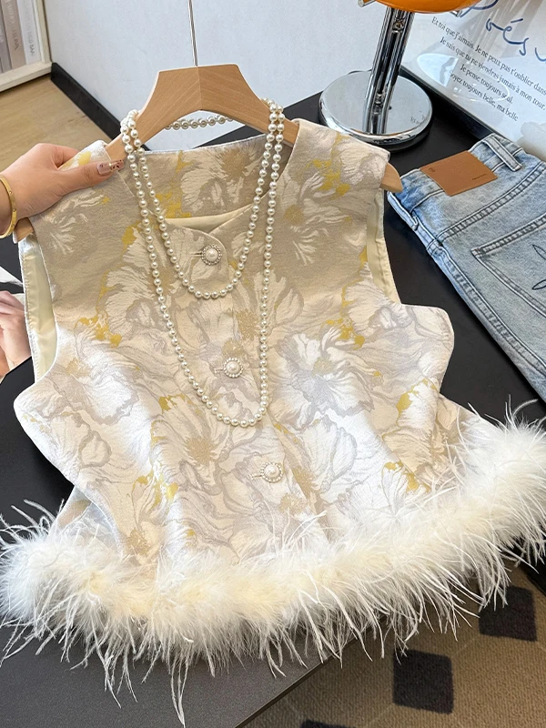 

Ele Women's Autumn Winter Faux Ostrich Feather Embroidered Vest Jaet round Ne Single Button Closure Commute Sle