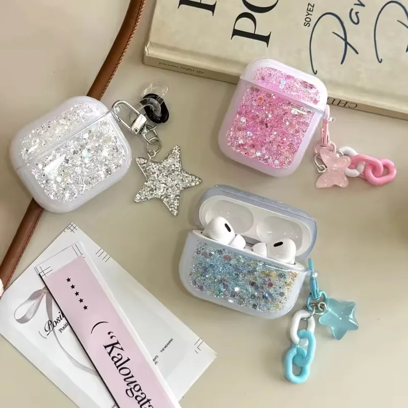

Glitter Sequins Bling Earphone Case For AirPods 4 3 2 1 Wireless Earphone Cover For Airpods Pro 2 Protective Cases with Pendant