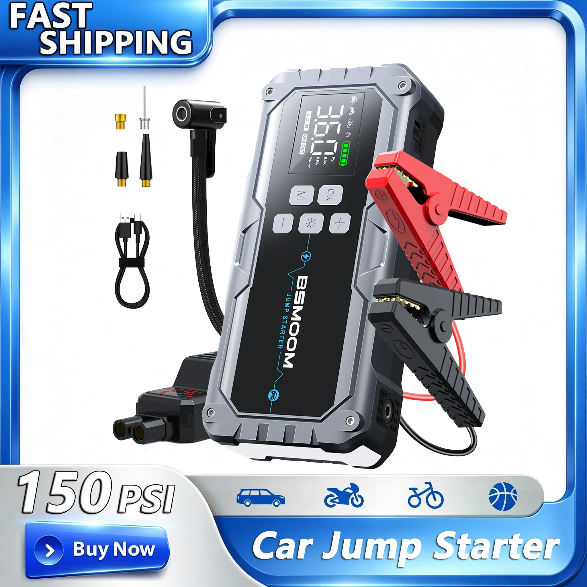 2-in-1 8000A Peak Tragbarer Auto-Notfall-Starthilfe mit intelligentem 160PSI digitalen Reifenfüller, 3-Modus-LED-Taschenlampe und Reifendrucküberwachung mit LCD-Display