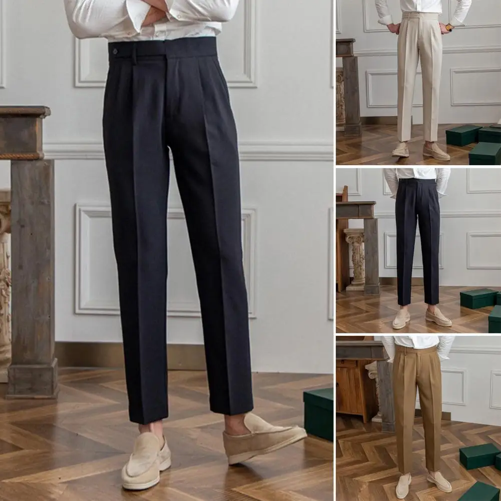 Men Pants Formal Business Style Men's Suit Pants Wide Leg Mid-high Waist Deep Pockets Button-zipper Closure Office Wear Trousers